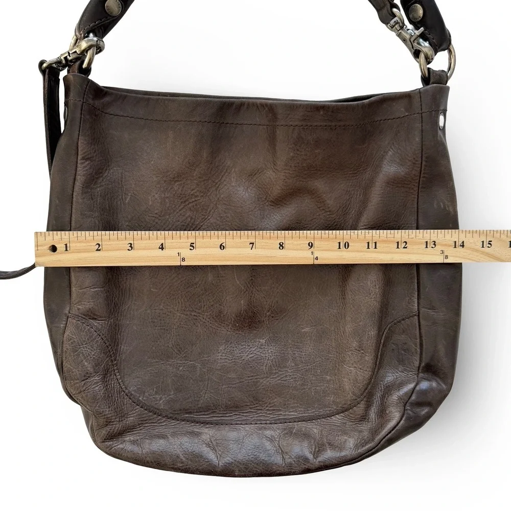 Frye Melissa Dark Brown Distressed Leather Hobo Crossbody Bag Antique Silver
